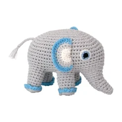 Doudou éléphant gris-bleu au crochet avec grelot