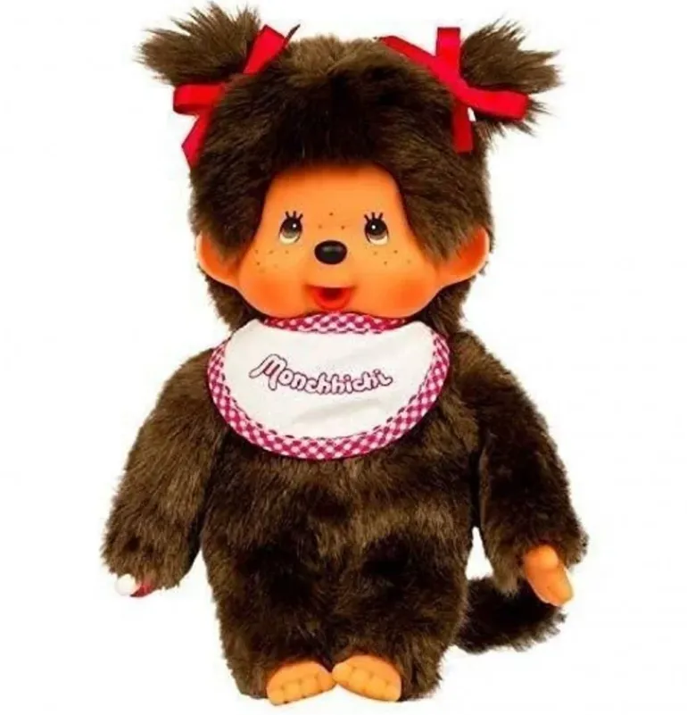 Peluche Kiki Monchhichi Fille au bavoir rose et blanc - 20 cm