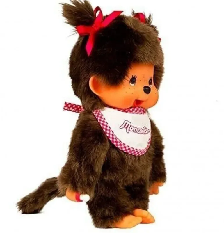 Peluche Kiki Monchhichi Fille au bavoir rose et blanc - 20 cm
