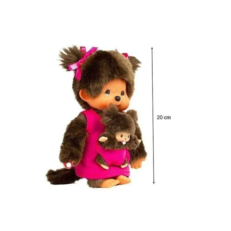 Peluche Kiki Monchhichi Maman et bébé rose - 20 cm