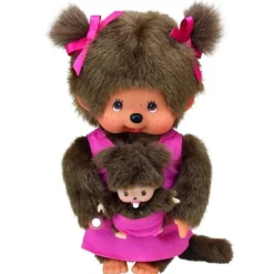 Peluche Kiki Monchhichi Maman et bébé rose - 20 cm