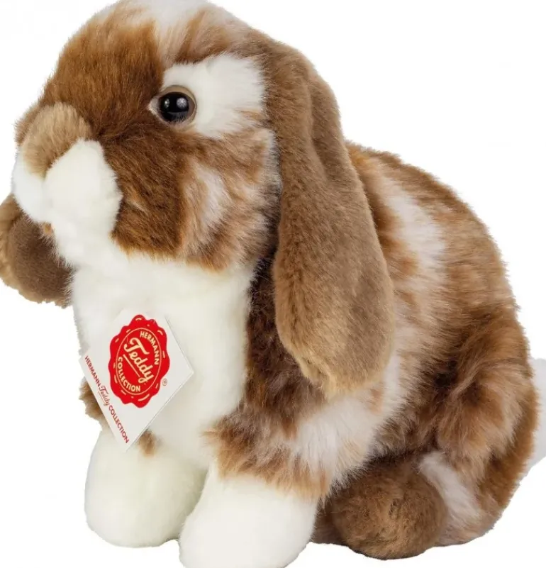Peluche lapin assis tacheté marron foncé et blanc - 20 cm