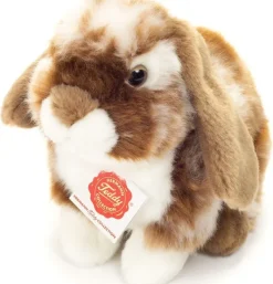 Peluche lapin assis tacheté marron foncé et blanc - 20 cm