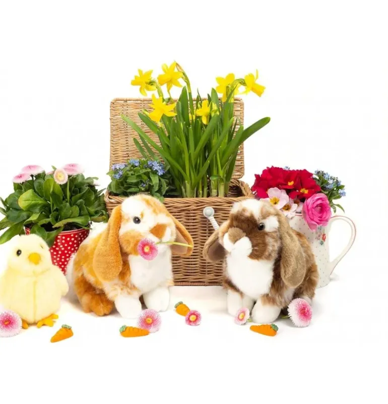Peluche lapin assis tacheté marron clair et blanc - 20 cm
