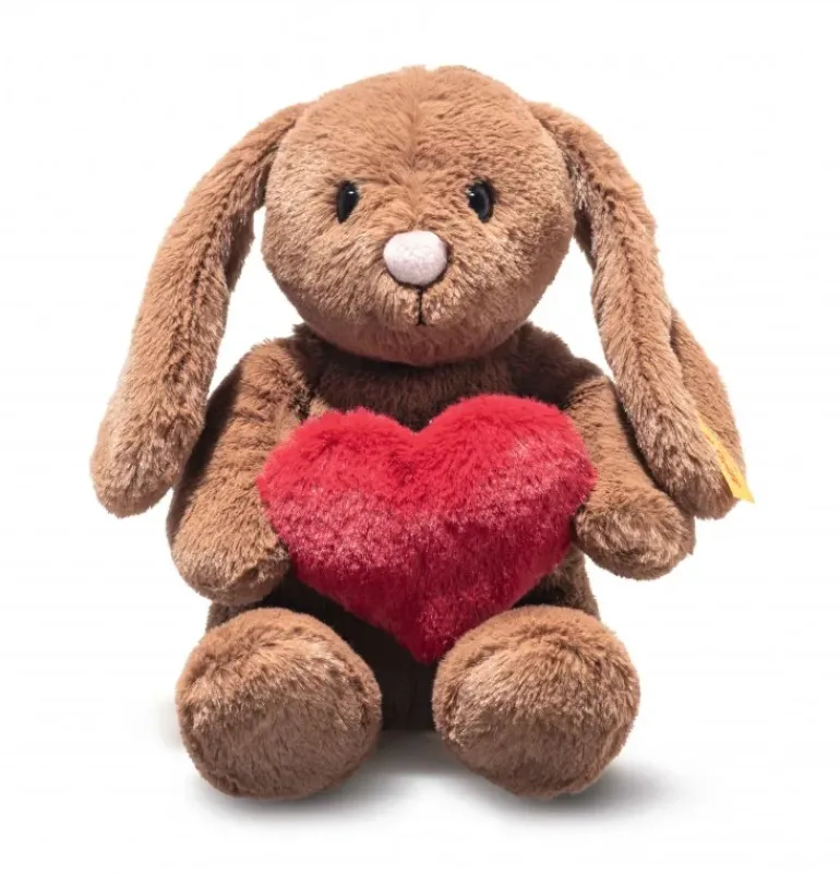 Peluche lapin Hoppie Love avec cœur marron - 16 cm
