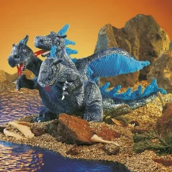 Peluche marionnette Dragon bleu à trois têtes