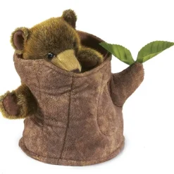 Peluche marionnette Ours dans un tronc d'arbre