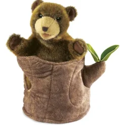 Peluche marionnette Ours dans un tronc d'arbre