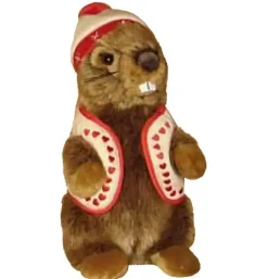 Peluche marmotte avec bonnet et gilet beiges - 25 cm