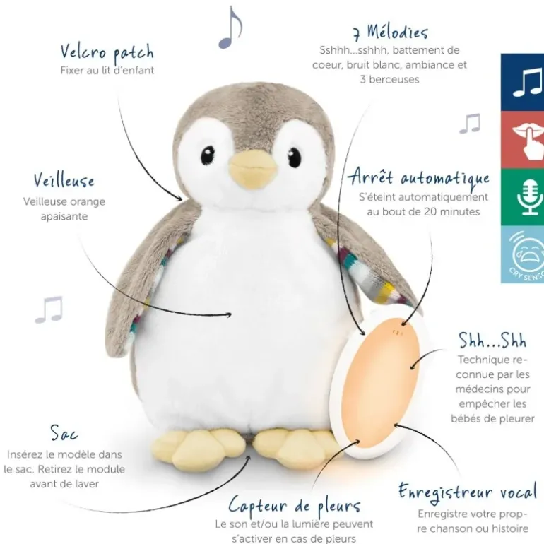 Peluche veilleuse bruit blanc Phoebe le pingouin